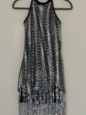 Weissman Black Dress with Silver Sequin Wave & Fringe